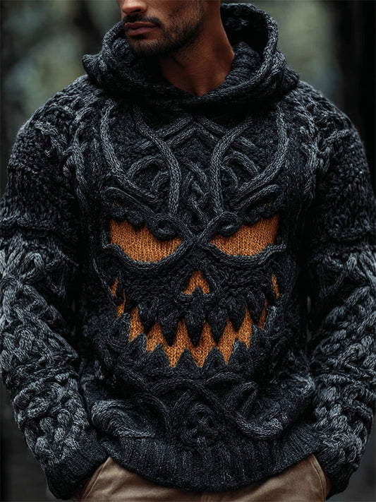 Men's Halloween Pumpkin Face Celtic Knot Chunky Hooded Sweater elevenforest