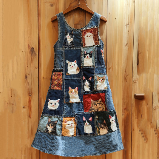 Comstylish Vintage Cute Cat Patchwork Denim Print Vest Dress