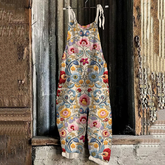 Women's Bohemian Floral Linen Print Cotton Linen Jumpsuit artswardrobe