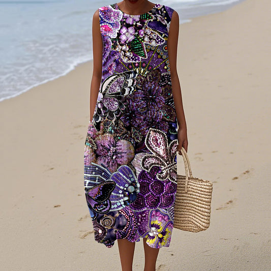 Women's Beaded Flower Butterfly Art Print Crew Neck Tank Midi Dress