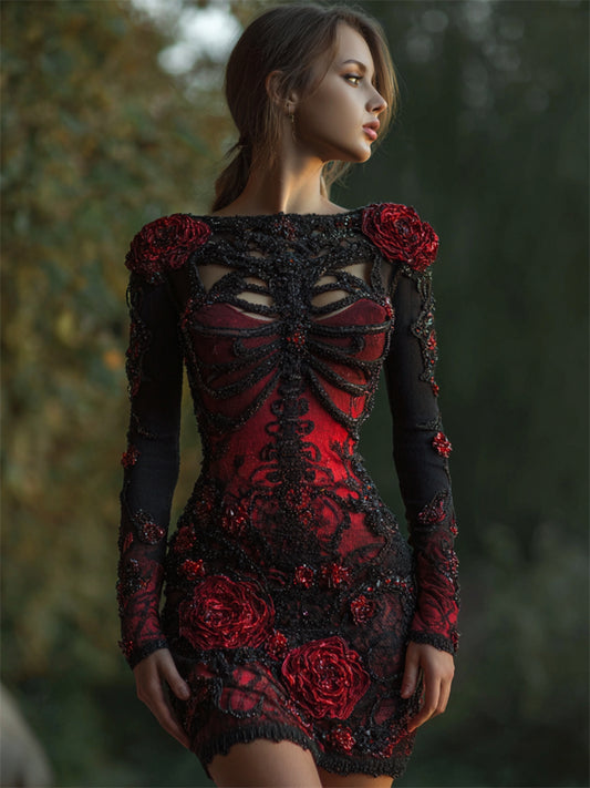 Comstylish Gothic Dark Skeleton Red Roses Beaded Comfy Mini Dress