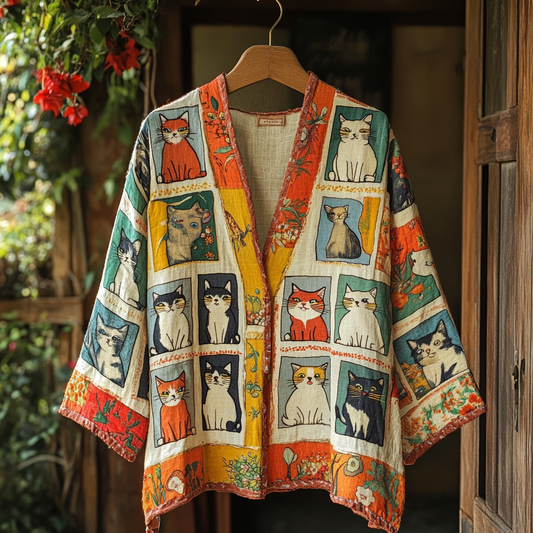 Comstylish Women's Pop Art Cat V-neck Cotton Line Kimono
