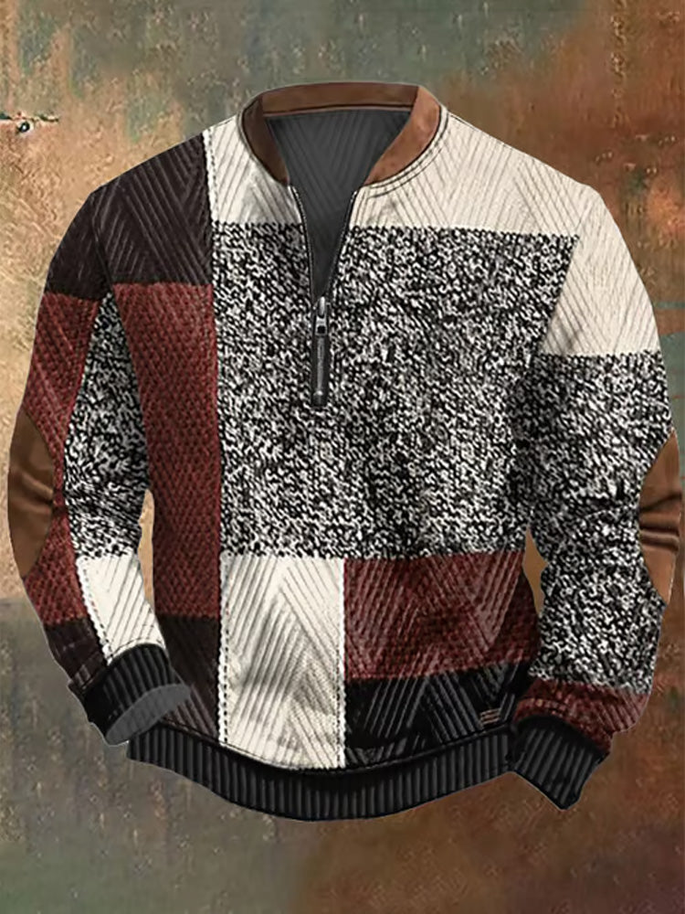 Men's Retro Western Textured Print Zip Collar Sweatshirt artswardrobe
