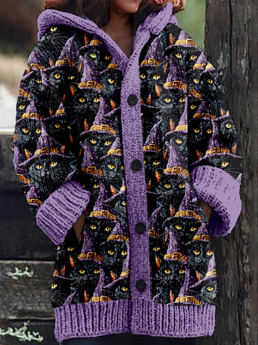Comstylish Witchy Cat Embroidery Art Cozy Hooded Cardigan