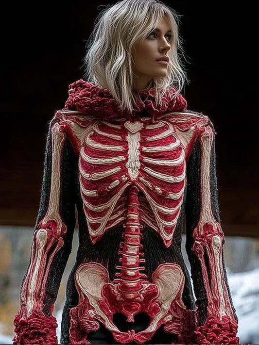 Comstylish Vintage Halloween Skeleton Art Hooded Sweater