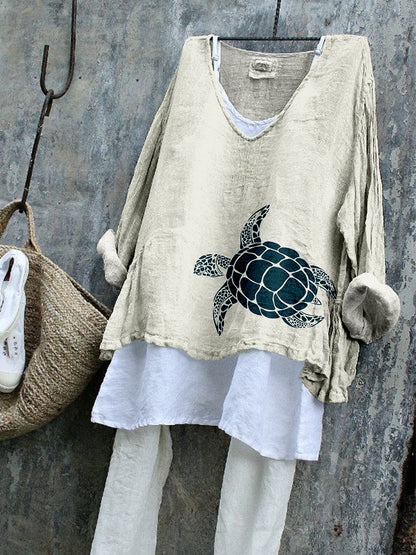 Comstylish Sea Turtle Art Linen Blend Flowy Tunic