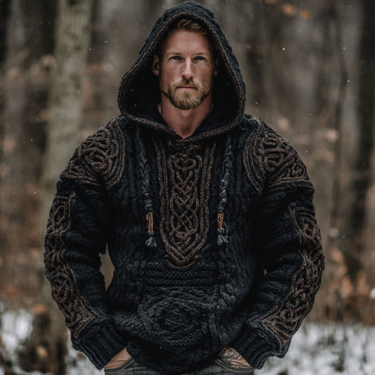 Men's Viking Celtic Knot Jacquard Knitted Hooded Sweater artswardrobe