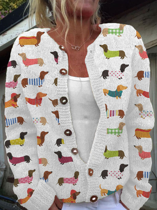 Comstylish Colorful Dachshund Pattern Cozy Knit Sweater
