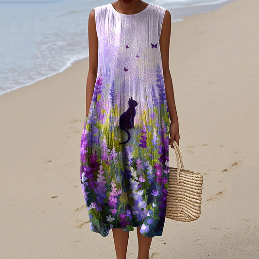 Comstylish Women's Retro Purple Flowers Cat Art Linen Tank Dress
