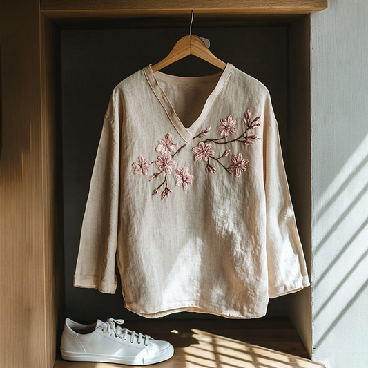 Boho Floral Cherry Embroidery Print Cotton And Linen Blend Loose Blouse artswardrobe