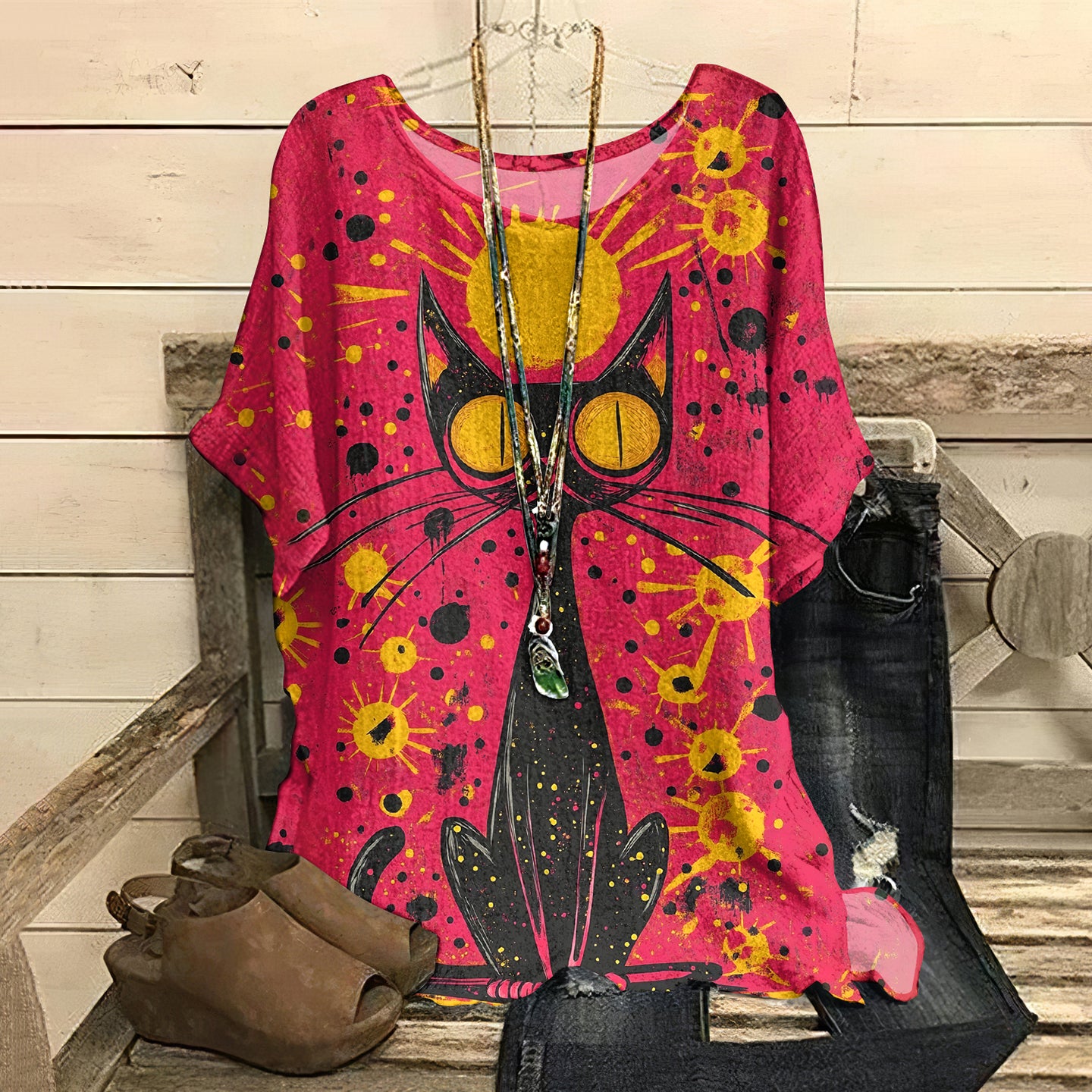 Retro Oil Painting Pop Cat Round Collar T-shirt elevenforest
