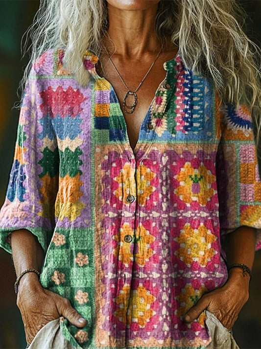 National Flowers Knitting Effect Women's Print Casual Cotton Linen Shi