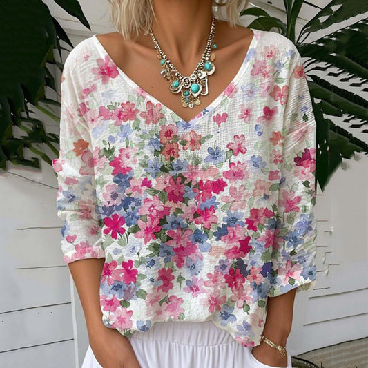 Floral Print V-neck Linen Blend Casual T-shirt artswardrobe