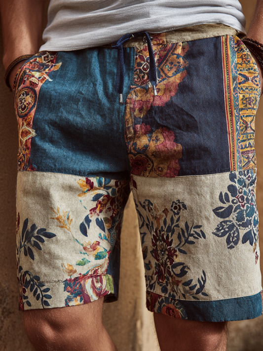 Western Bohemian Style Plant And Flower Pattern Retro Cotton And Linen Loose Men's Shorts artswardrobe