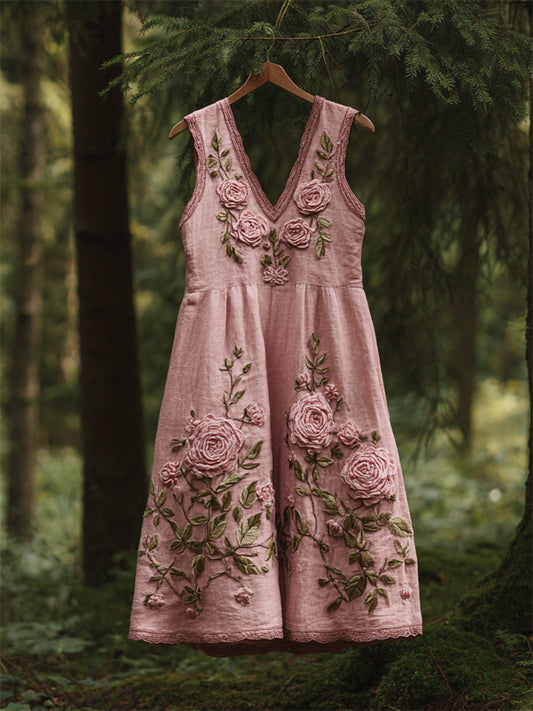 Vintage Pink Roses Embroidered Linen Tank Dress artswardrobe