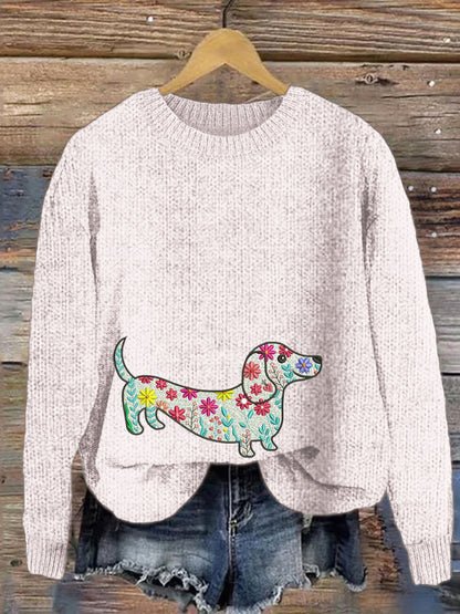 Comstylish Floral & Dachshund Embroidered Women's Cozy Sweater