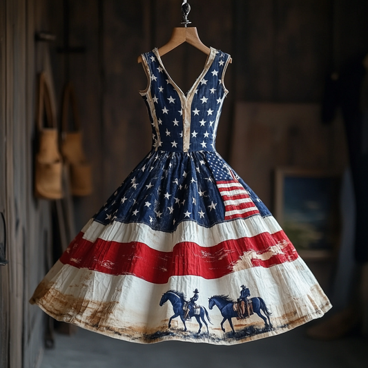 Women's Vintage Independence Day Flag And Horse Sleeveless Dress artswardrobe