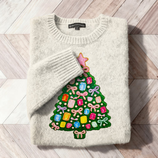Comstylish Christmas Rhinestone Tree Embroidered Cozy Knit Sweater