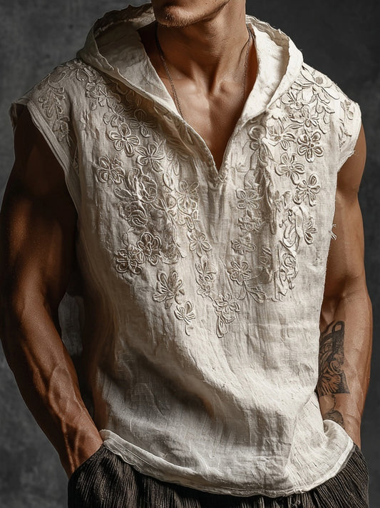 Vintage Floral Lace Embroidered Hooded Linen Tank Top artswardrobe