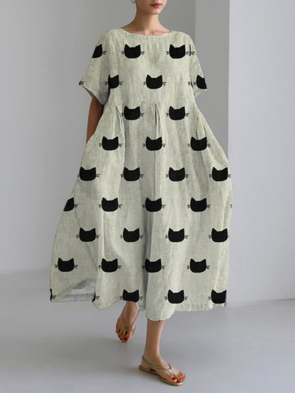 Comstylish Black Cat Japanese Art Linen Blend Maxi Dress