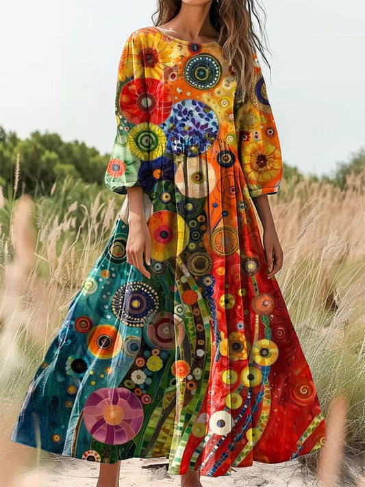 Women's Colorful Ethnic Flowers Print Flowy Cotton Crew Neck Dress