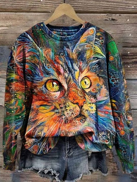 Autumn Winter Cute Cat Oil Panting Print Sweatshirt artswardrobe