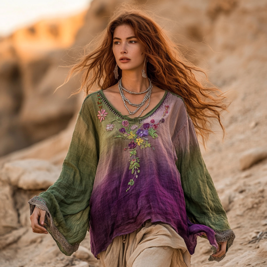Boho Floral Embroidery Patchwork Art Print Cotton And Linen Blend Loose Blouse artswardrobe