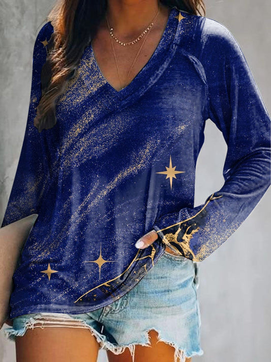 Women's Starry Night Art Print V-Neck Long Sleeve Top