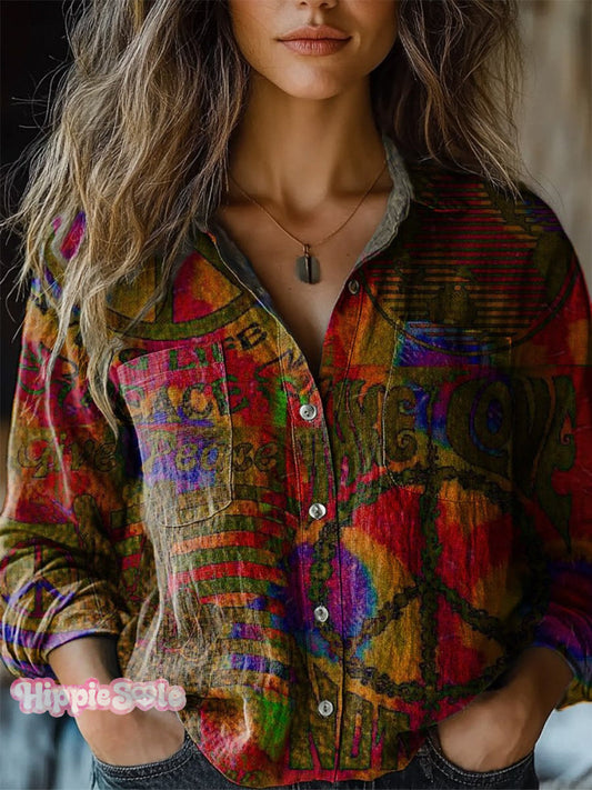 Hippie Style Watercolor Peace Art Printed Women's Casual Long Sleeve C