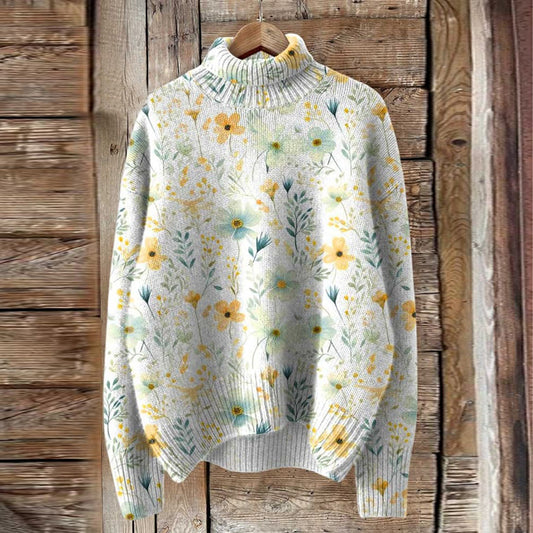 Vintage Meadows Floral Knit Turtleneck Pullover Sweater elevenforest