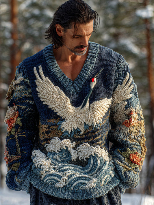 Japanese Crane & Ocean Men's Chunky Knit V-neck Sweater artswardrobe