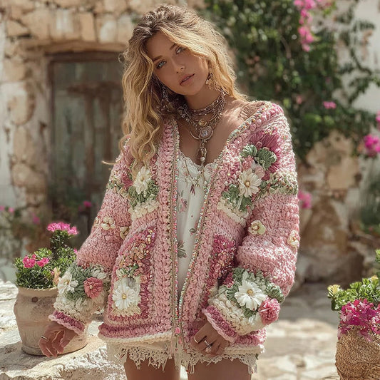 Women's Boho Chunky Knit Crochet Floral Cardigan Sweater artswardrobe