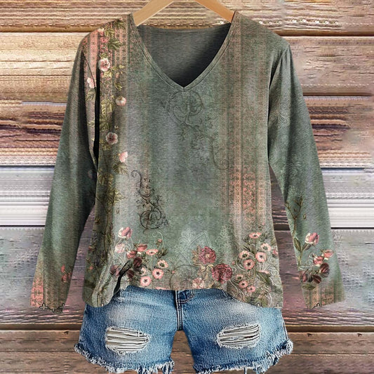 Women's Ethnic Flower Art Print Casual V-neck Long Sleeve T-shirt