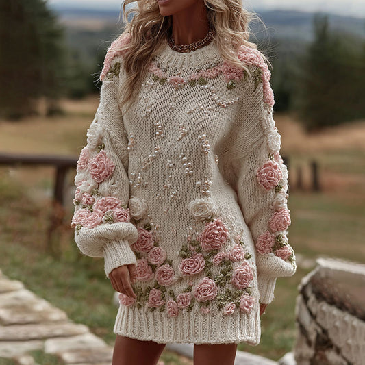 Comstylish Women's Rose Art Cozy Knit Mini Sweater Dress