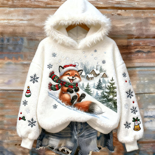 Comstylish Vintage Christmas Happy Fox Art Women's Cozy Plush Sweater Hoodie