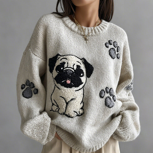 Comstylish Lovely Cute Pug And Paws Embroidery Art Loose Cozy Knit Sweater