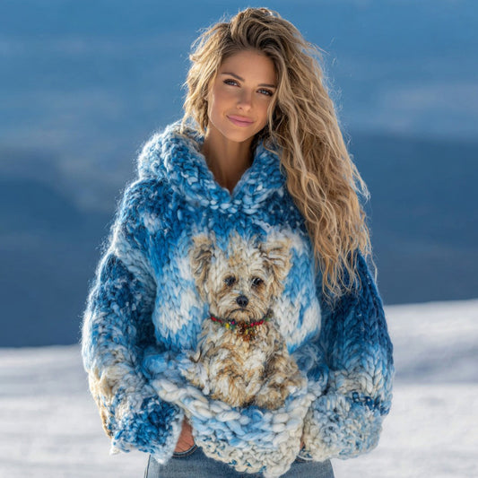 Cute Plush Dog Knitted Ombre Warm Hooded Sweater