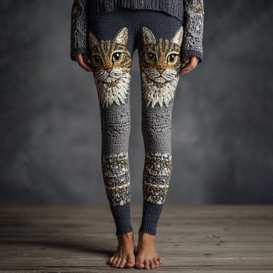 Women's Cute Cat Face Embroidered Art Cozy Knit Leggings elevenforest