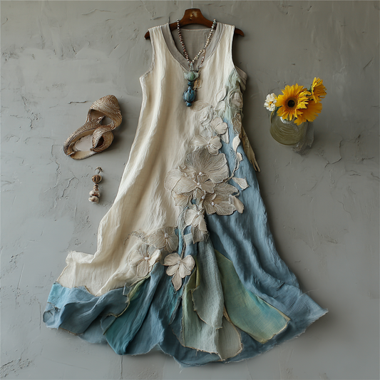 Women's Vintage Floral Embroidery Ombre Linen Dress artswardrobe