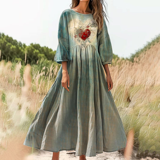 Women's Round Neck Love Tattoo Pattern Art Print Cotton Dresses