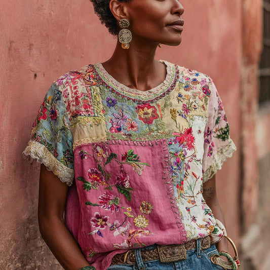 Women's Vintage Bohemian Floral Embroidery Patchwork Art Short Sleeve Linen Blend T-shirt artswardrobe