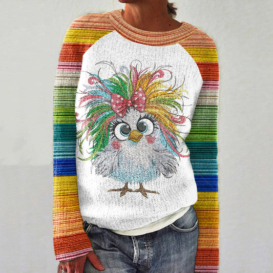 Funny Thanksgiving Fall Rainbow Crazy Chicken Embroidery Art Print Knitted Pullover Sweater artswardrobe