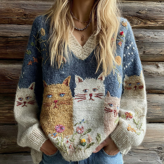 Comstylish Vintage Cute Cats Inspired Embroidered Cozy Knit V Neck Sweater