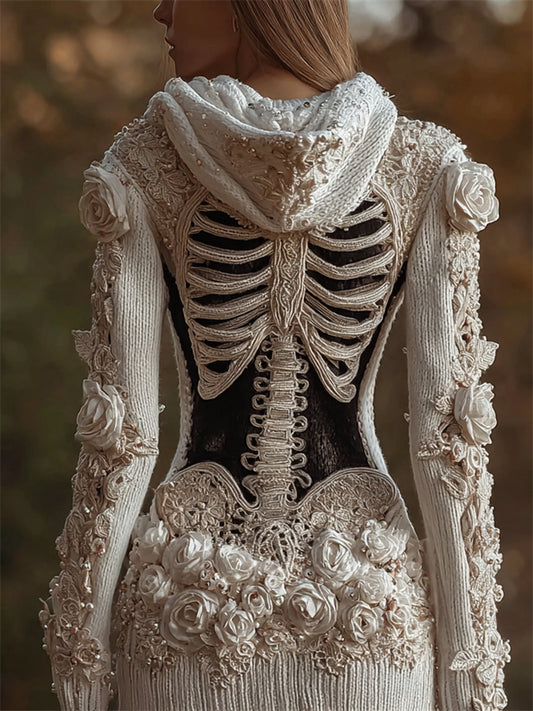 Comstylish Vintage Skeleton Beaded White Roses Cozy Knit Hooded Cardigan