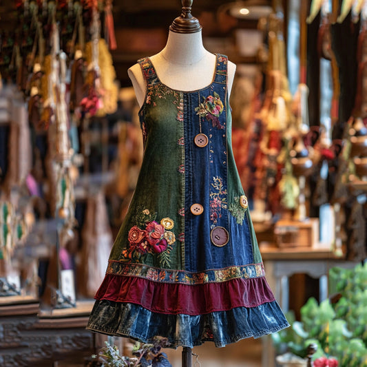 Vintage Floral Patchwork Art Sleeveless Cute Dress artswardrobe