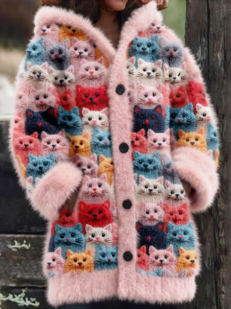 Comstylish Cute Fuzzy Colorful Cats Pattern Cozy Hooded Cardigan