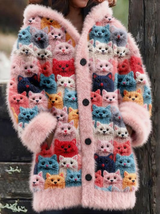 Comstylish Cute Fuzzy Colorful Cats Pattern Cozy Hooded Cardigan