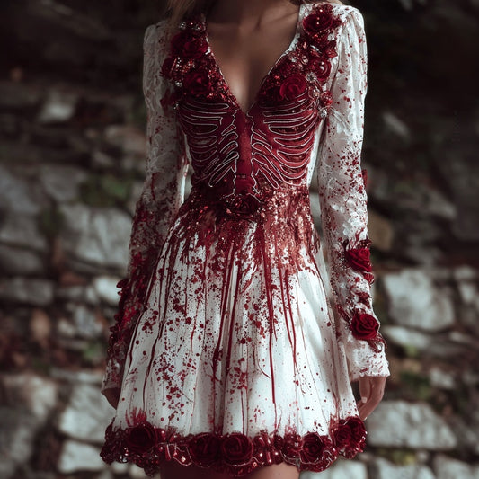 Comstylish Classy Skeleton Bloody Roses Embroidered V Neck Dress