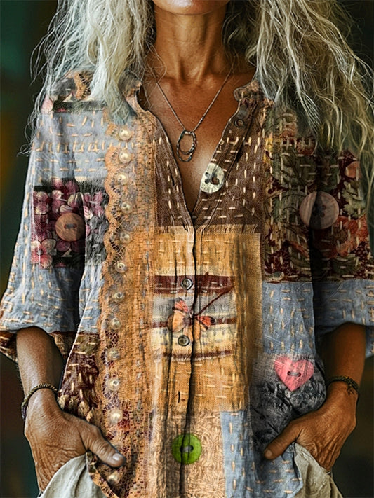 Women's Vintage Ethnic Patchwork Pattern Art Print Casual Cotton Linen