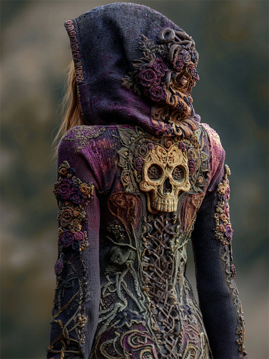 Vintage Skull Purple Roses Gradient Celtic Knit Hooded Sweater artswardrobe